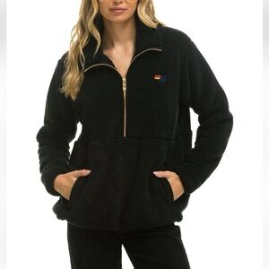 Aviator Nation   Size S Teddy Unisex Half Zip Jacket in black fleece